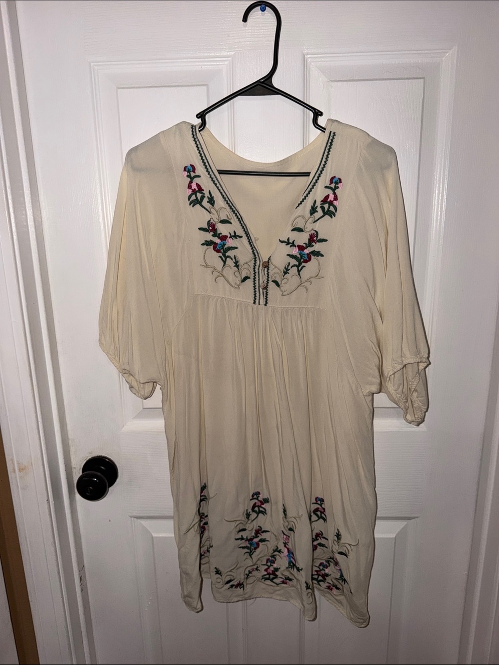 Cream Embroidered Boho Tunic dress with Floral Detail